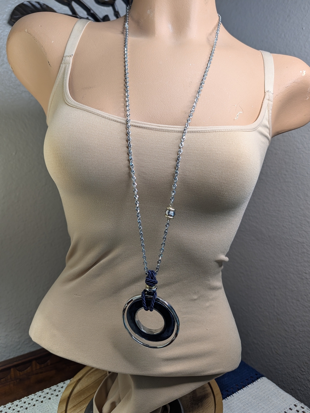 Chico's Silver-Tone Long Necklace with Blue Circular Resin Marbled Pendant